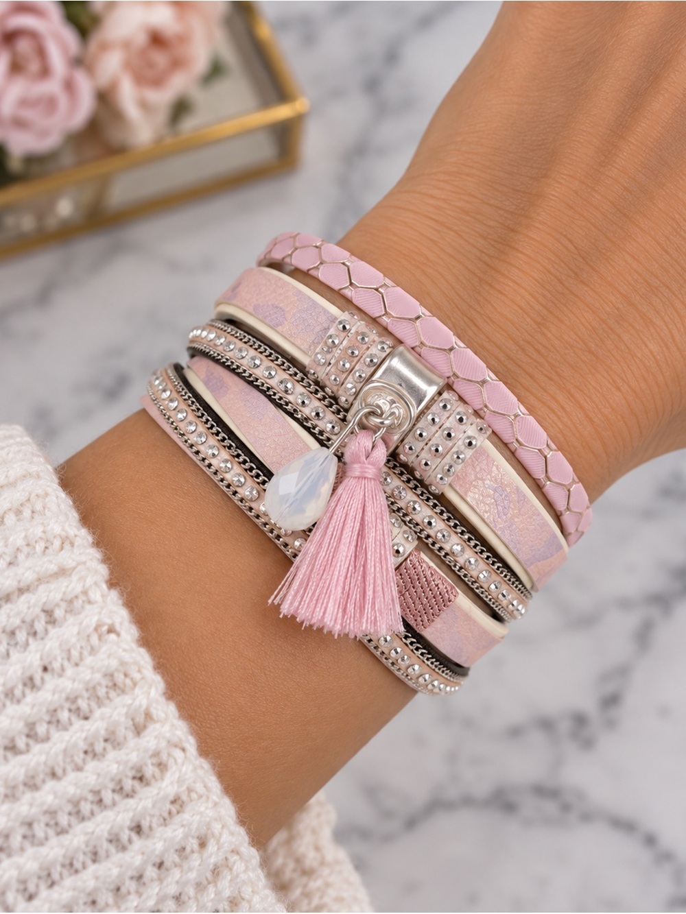 Pink‎ Wrap Cuff Chic Bracelet with Tassels and
